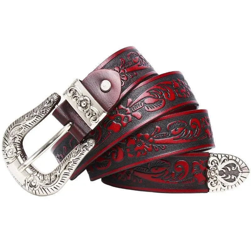 Embossed red and black leather Yatokya belt with ornate silver buckle