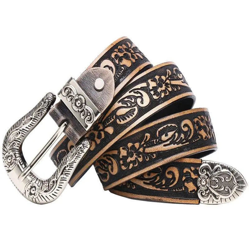 Yatokya belt featuring embossed leather and an ornate metal buckle for elegant style