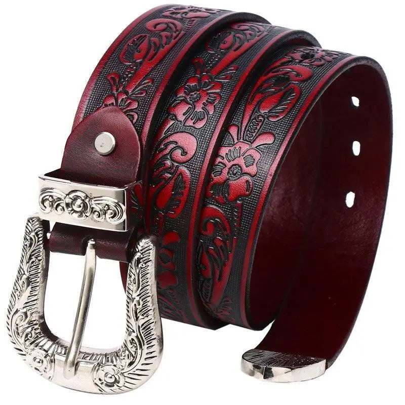 Embossed red leather Yatokya belt with ornate silver buckle for elegant style