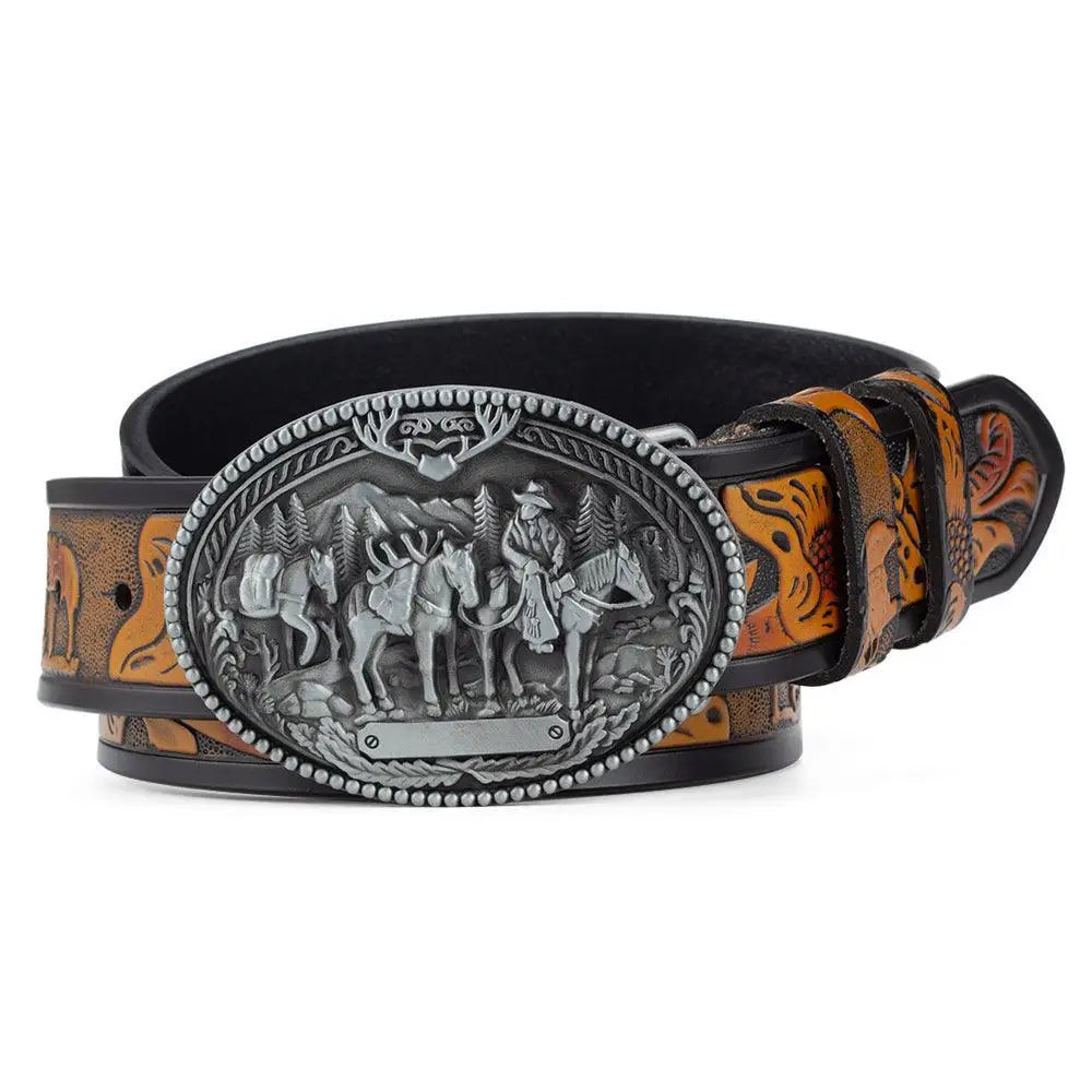 Western-style leather belt with ornate decorative buckle for Western fashion accessories