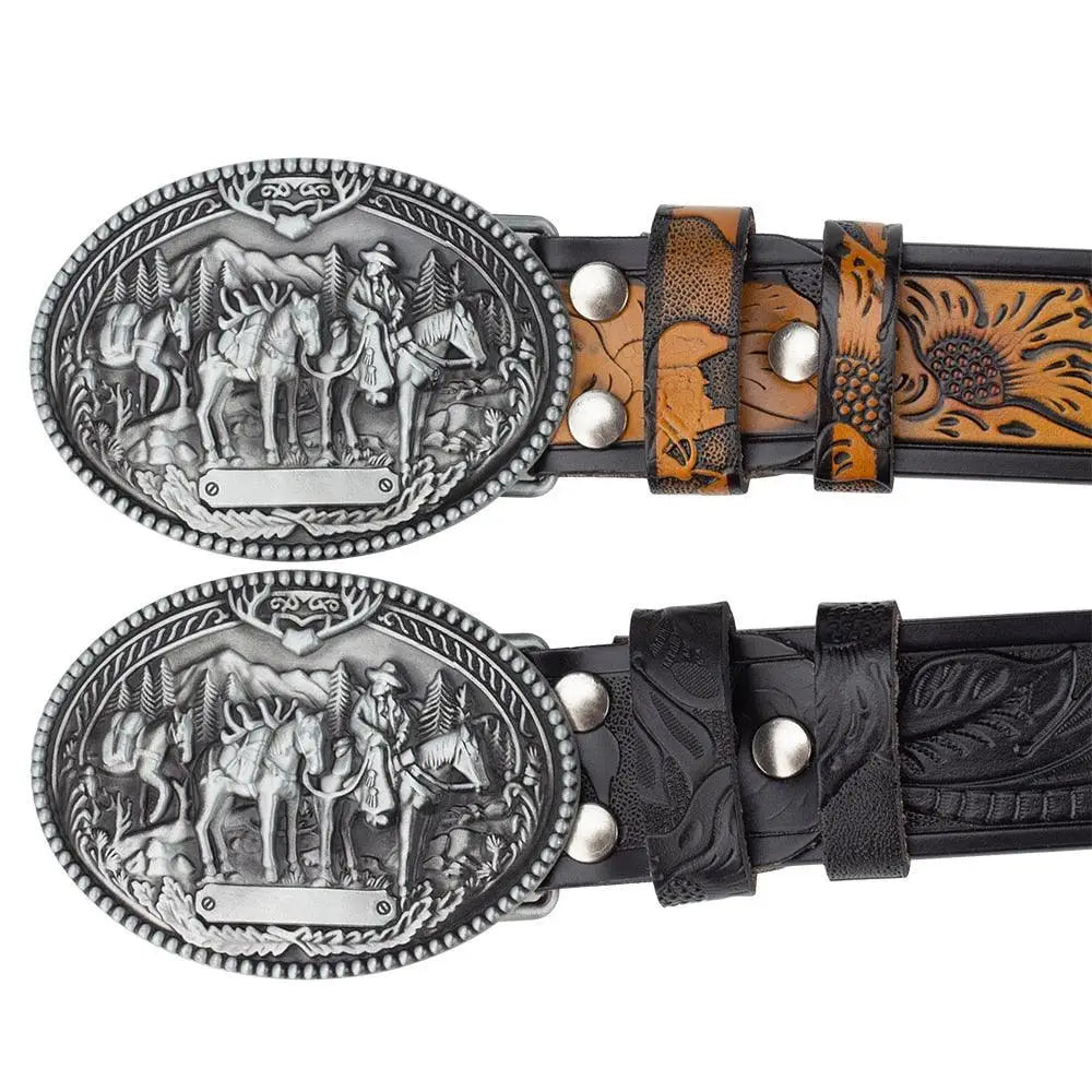 Western leather belt with ornate decorative buckle showcasing western-style design