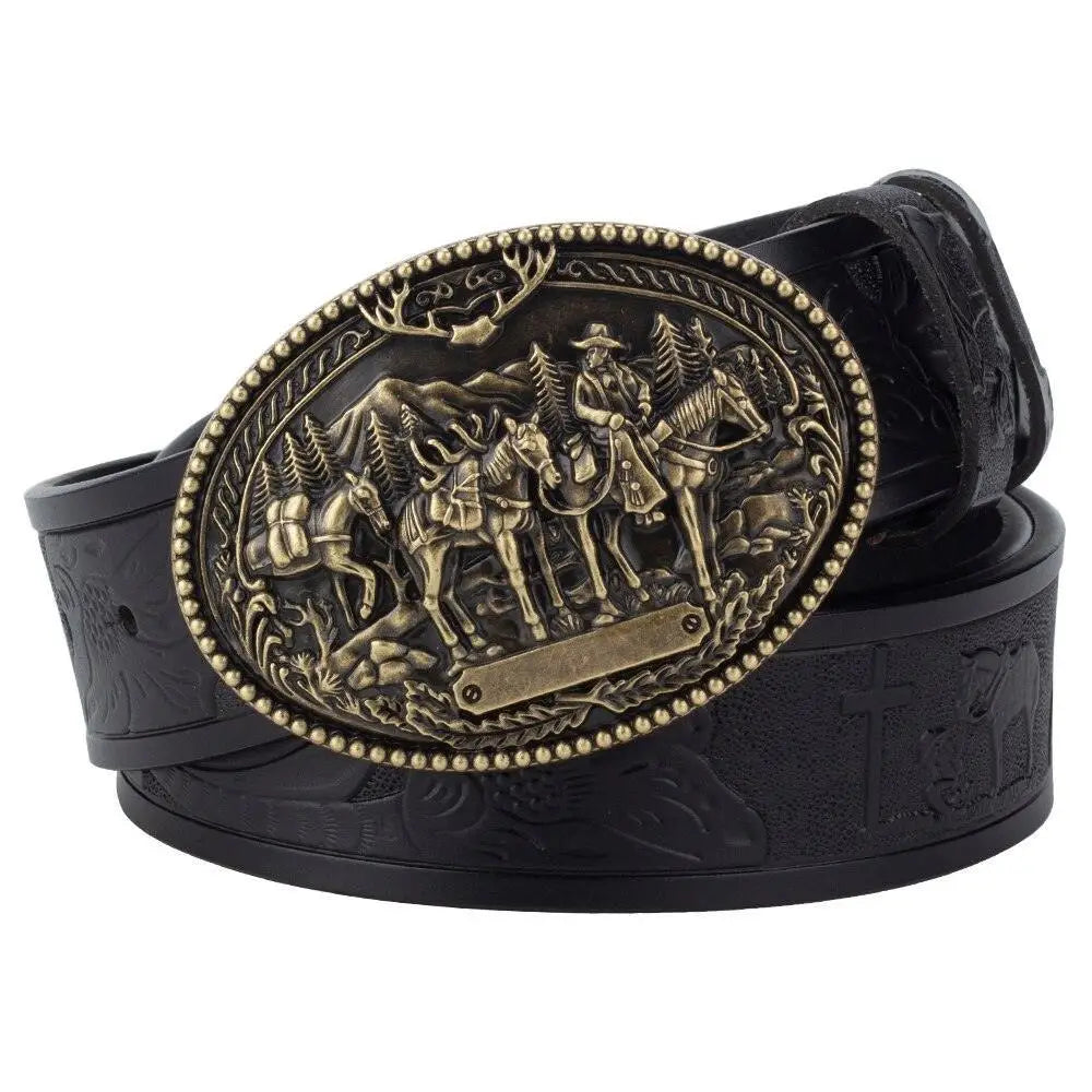 Black leather belt with Western-style ornate decorative buckle for authentic cowboy style