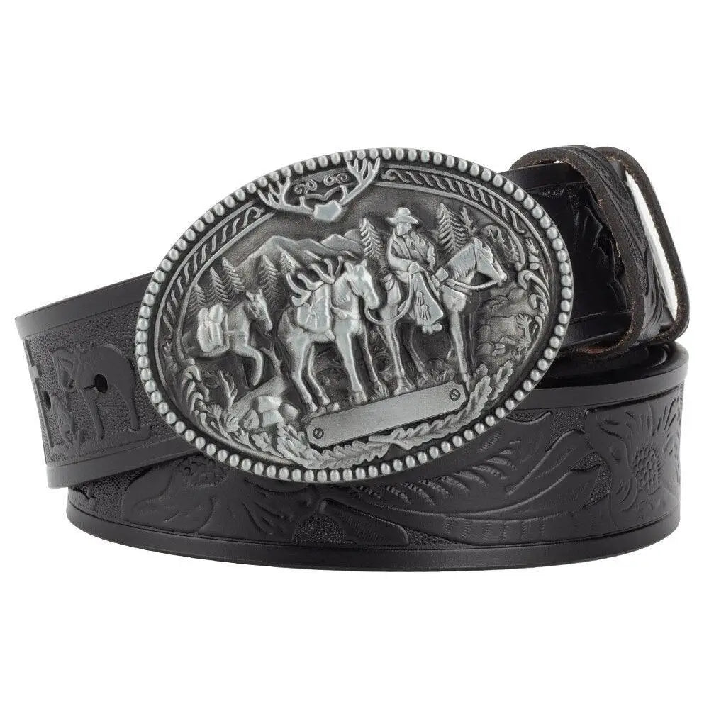 Black leather belt with ornate cowboy buckle from Western Leather Belt collection