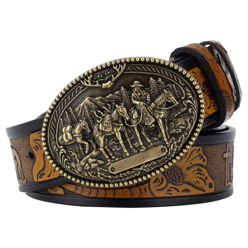 Western-style leather belt with ornate decorative buckle for stylish Western attire