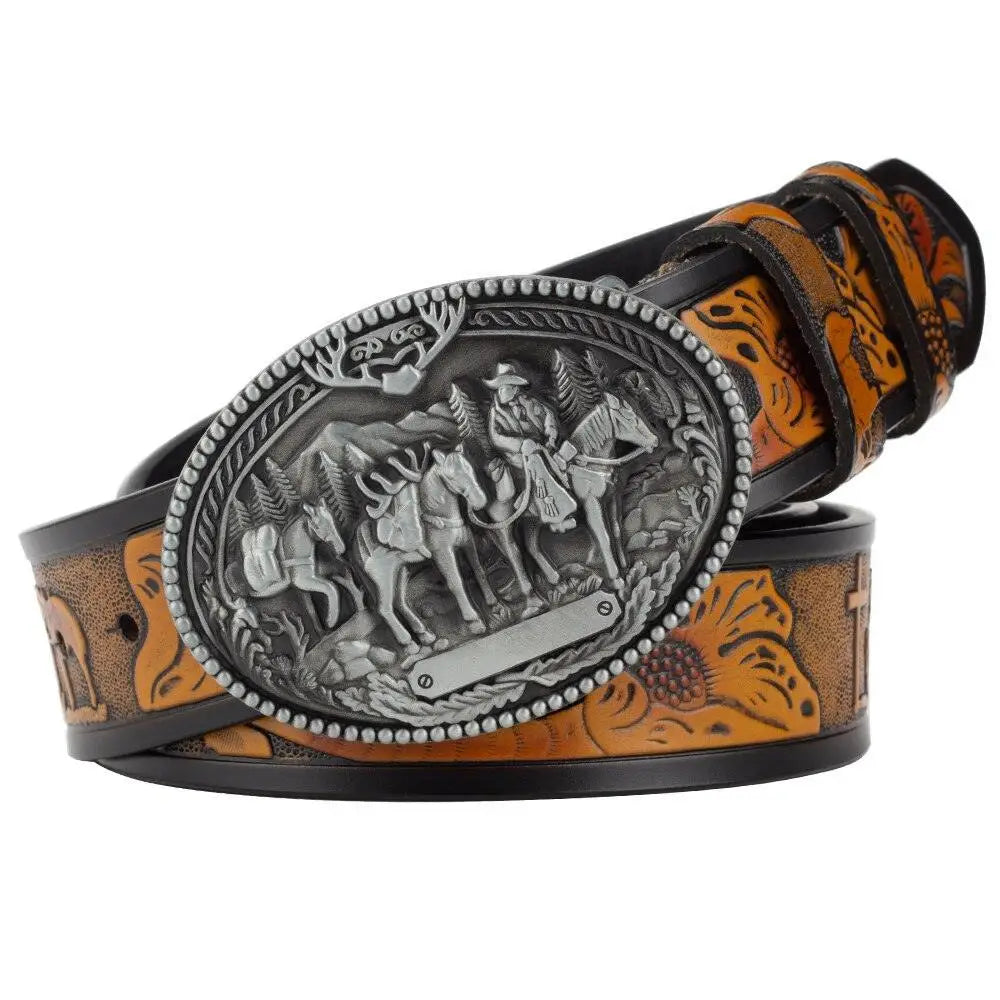 Western-style leather belt with ornate decorative buckle for authentic cowboy look