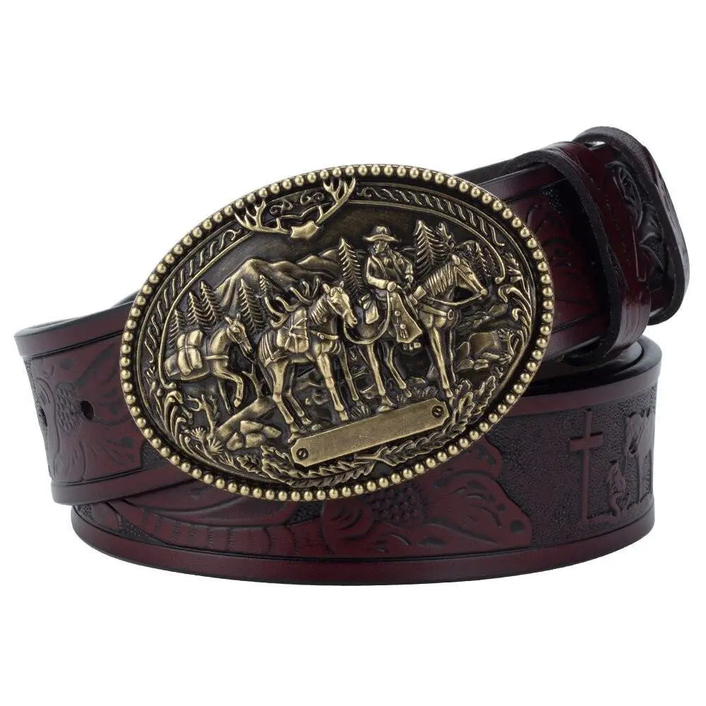 Western-style leather belt with ornate decorative buckle for authentic Western fashion