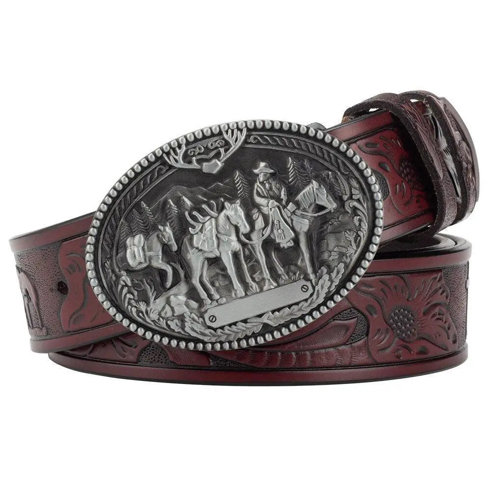 Embossed leather belt with ornate cowboy buckle from Western Leather Belt collection