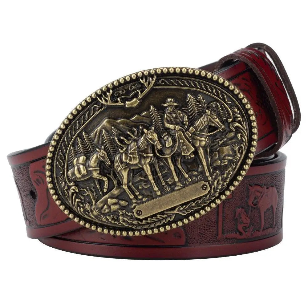 Elegant Burgundy leather belt with ornate western buckle for stylish Western accessories