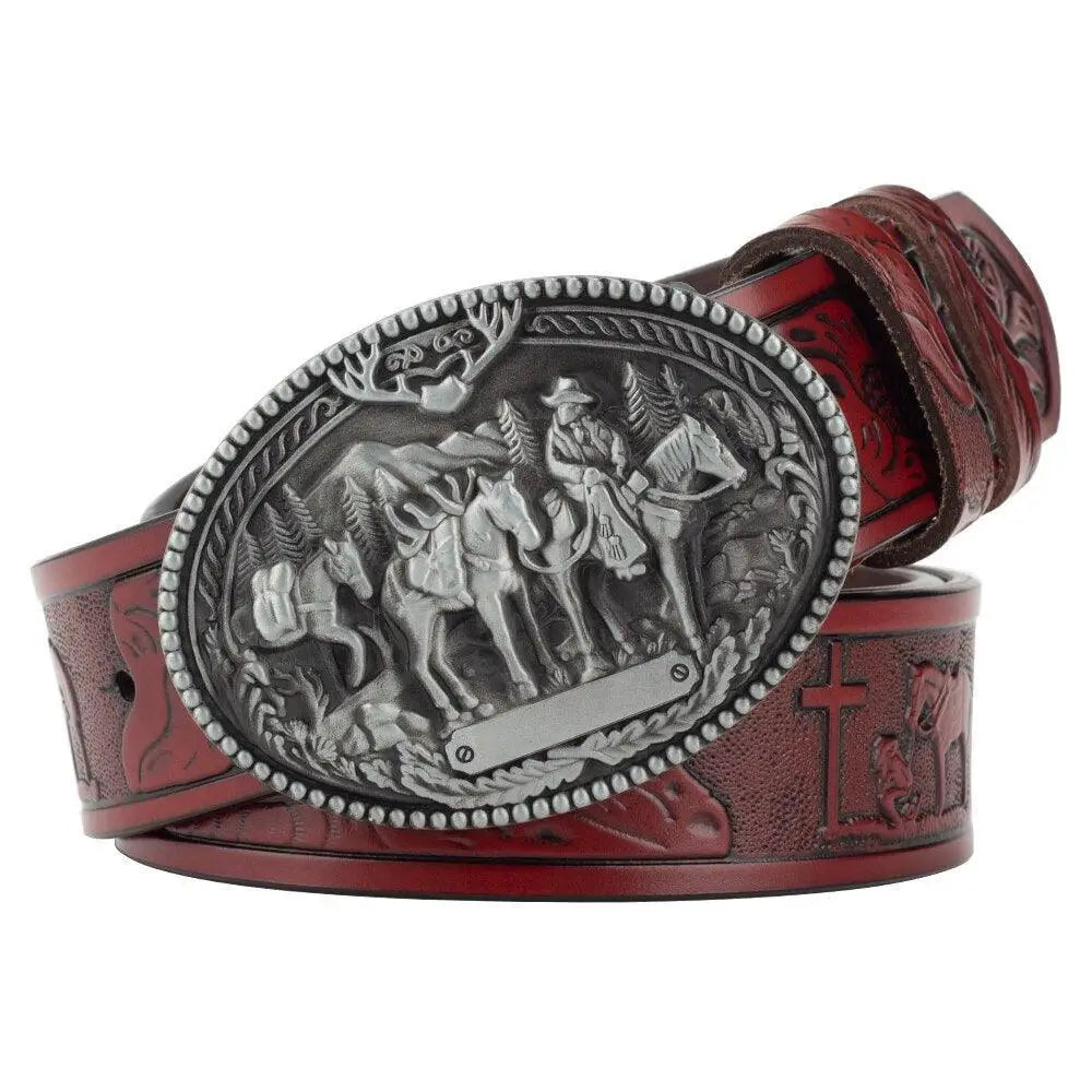 Red leather belt with ornate cowboy buckle, ideal for Western fashion enthusiasts