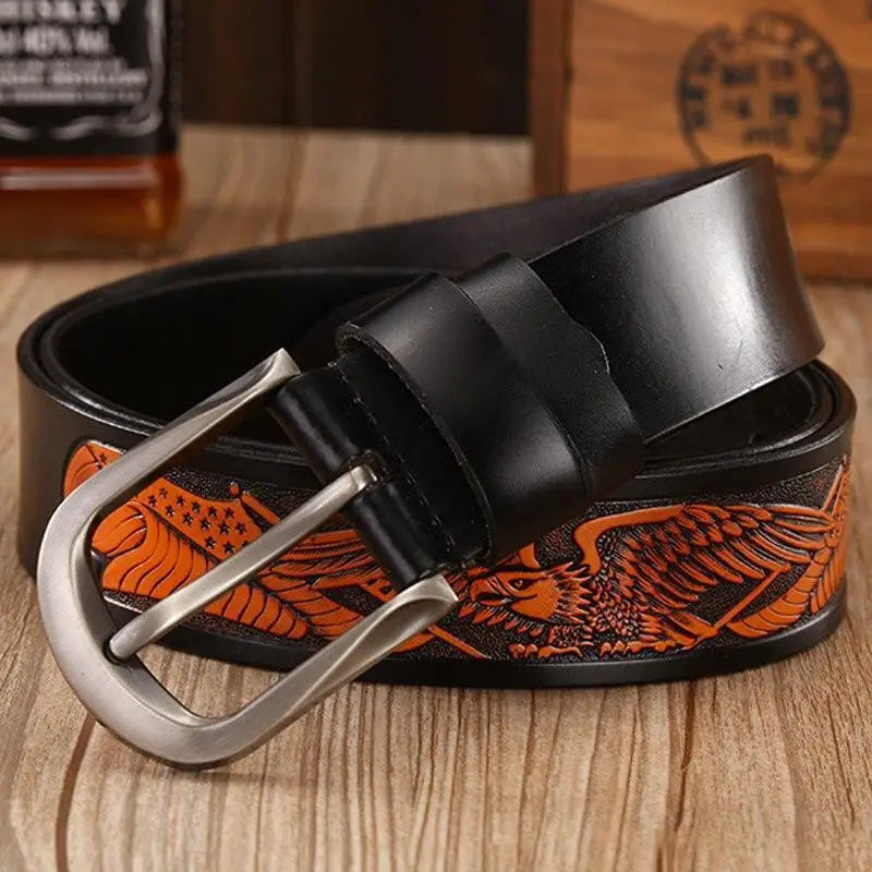 Black leather belt with eagle and flag design from the Distinctive Nukka Model Western En Cuir collection