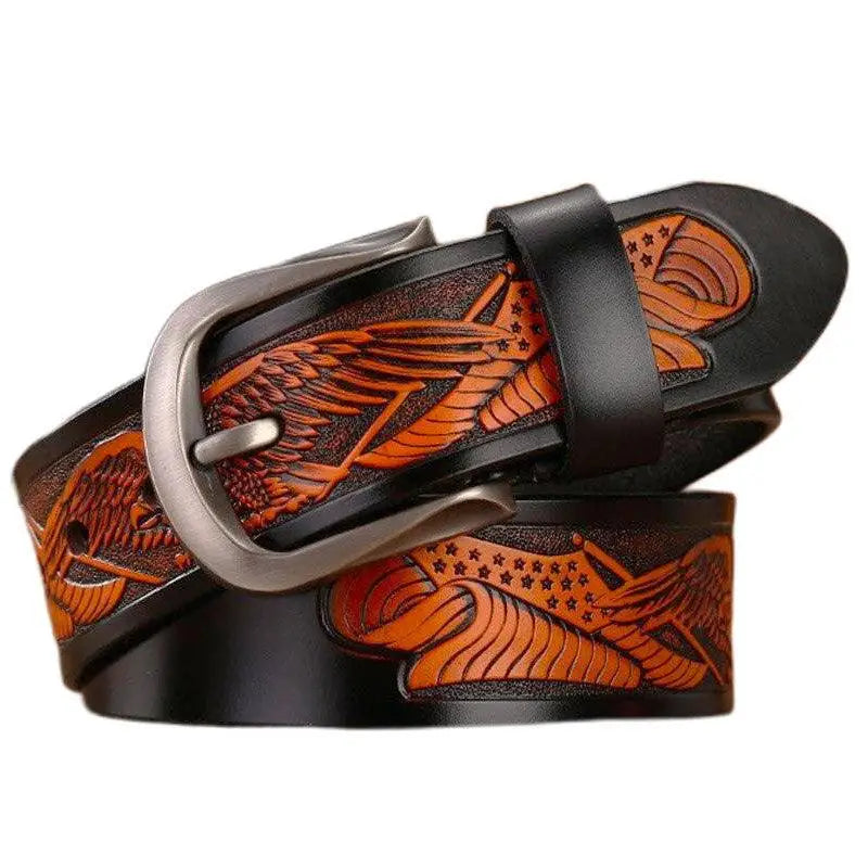 Black leather belt with eagle and flag design from the Distinctive Nukka Model Western En Cuir collection