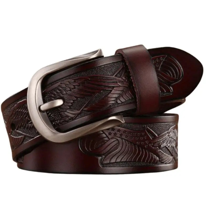 Embossed black leather belt with silver buckle from Distinctive Nukka Model Western En Cuir