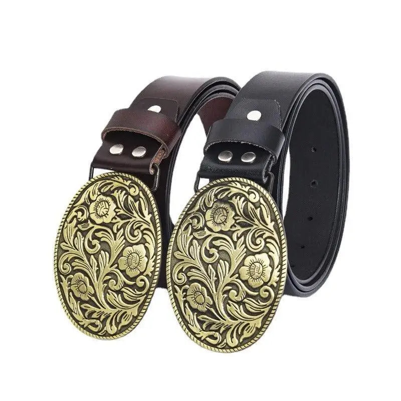 Assorted leather belts featuring ornate oval buckles displayed for product showcasing