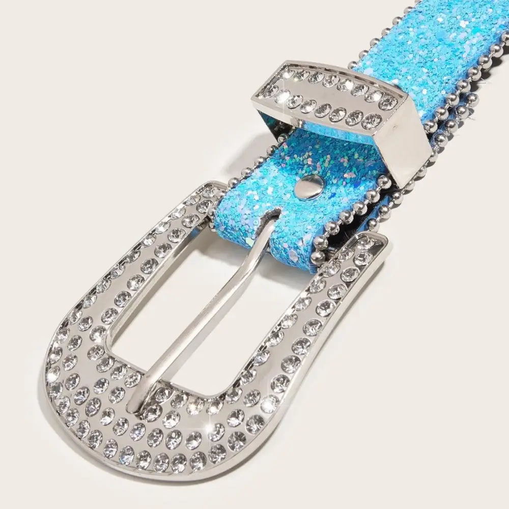 Sparkly blue Briella Sequin Western belt with rhinestone buckle for elegant style