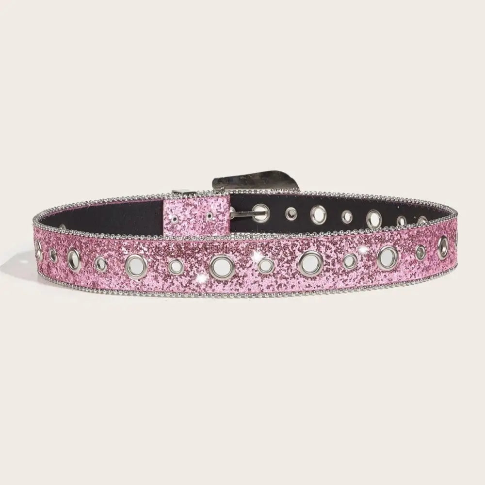 Pink glittery Briella Sequin Western belt with grommets and rhinestone buckle for elegant style