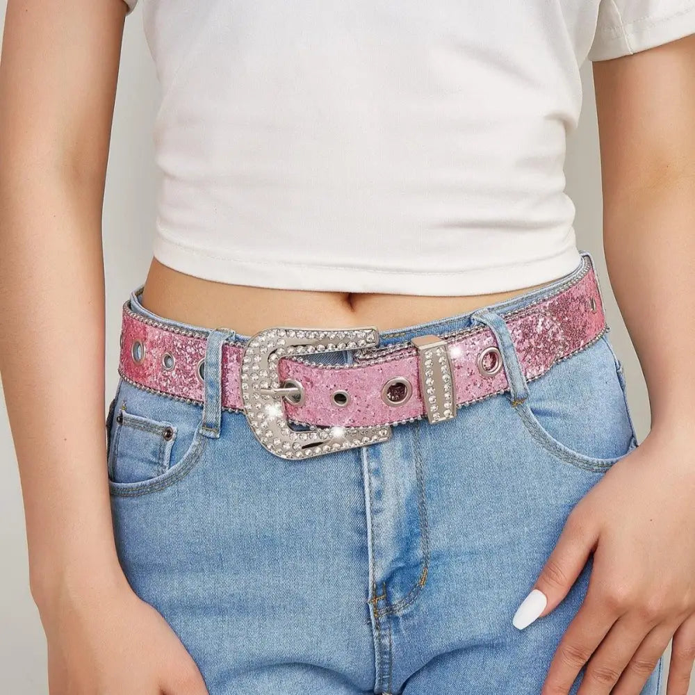 Pink glittery briella sequin western belt with rhinestone buckle for elegant style