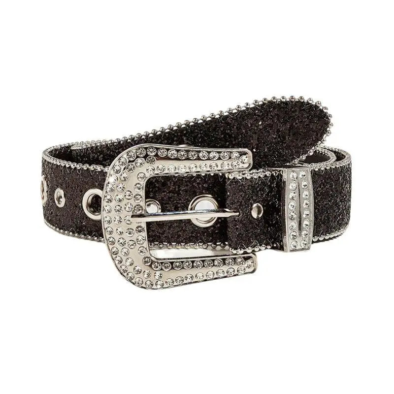 Sparkly black Briella Sequin Western Belt with rhinestone buckle for elegant style