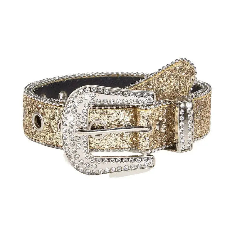 Gold glitter belt with rhinestone buckle from Briella Sequin Western collection