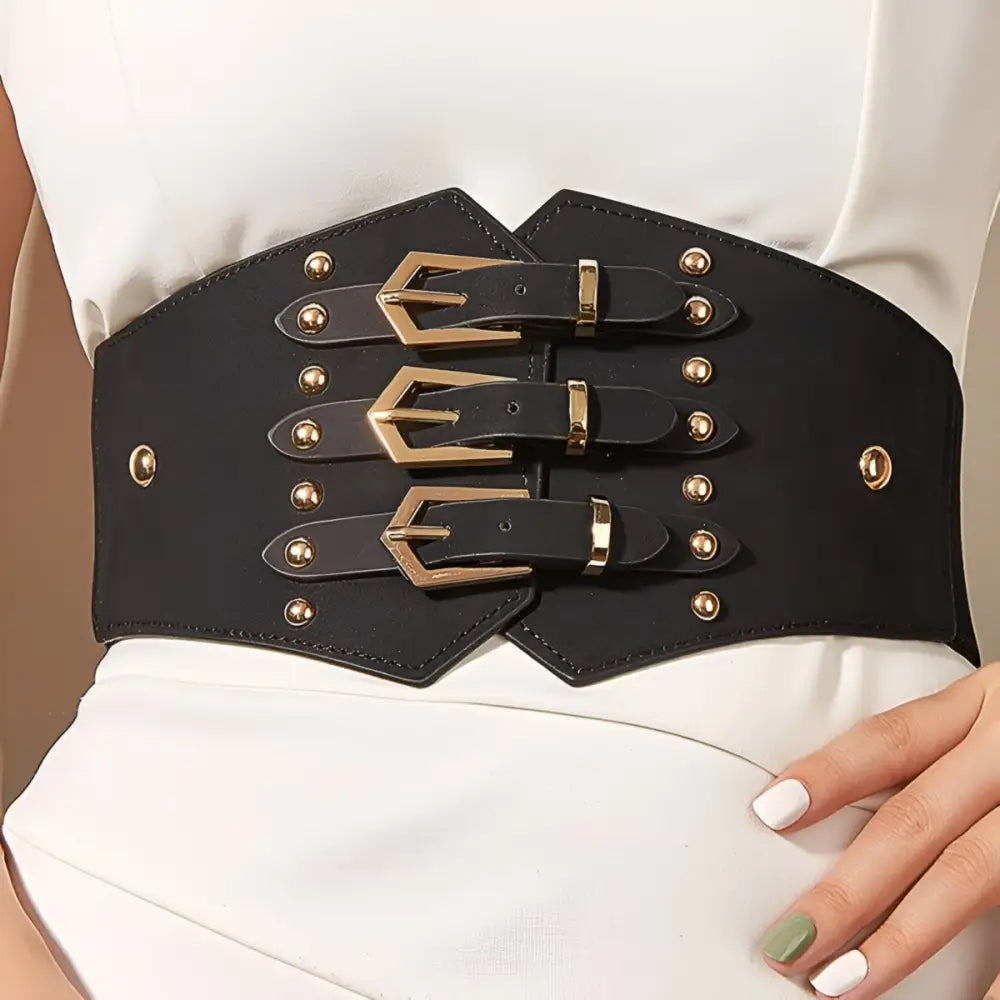Aziadé Belt Black Corset with Gold Buckles and Studs for stylish waist accentuation