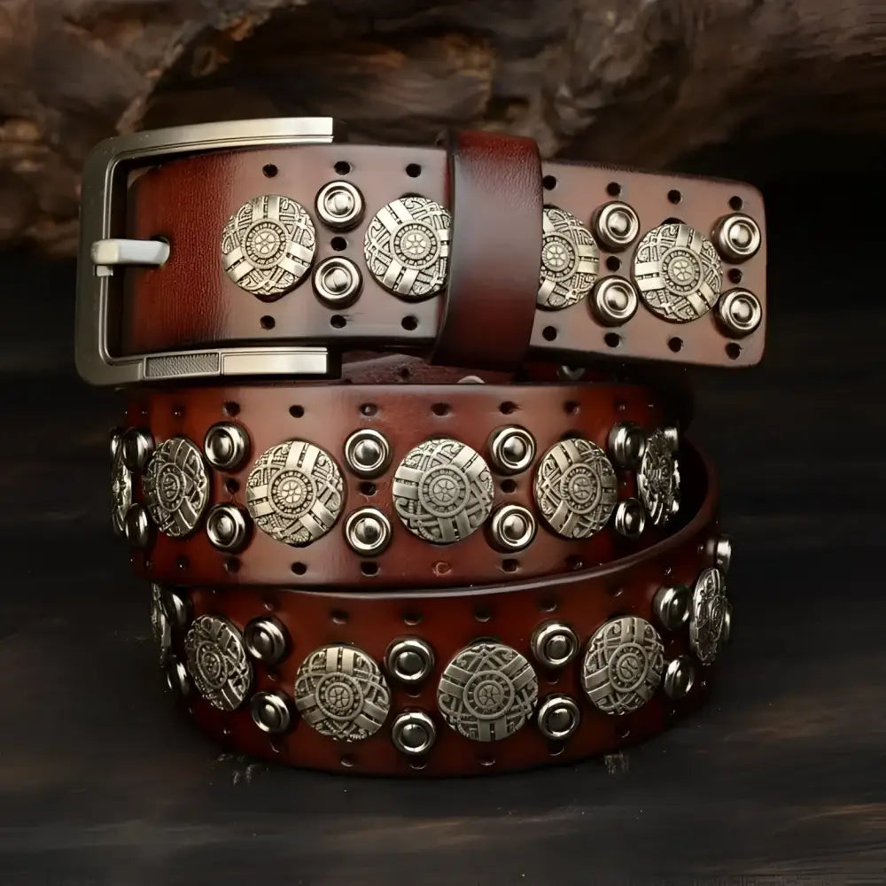 Ciradyl Belt Studded Brown and Black Leather with Silver Buckle and Medallions