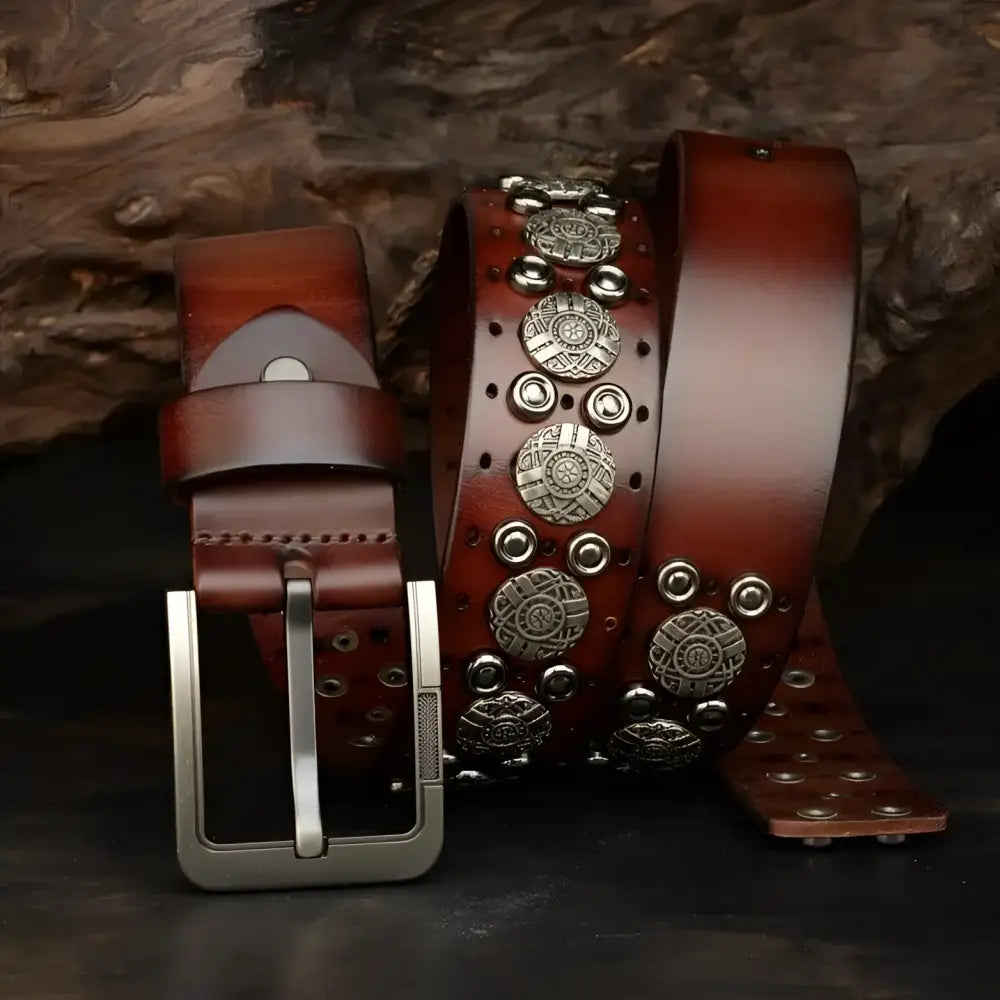 Ciradyl Belt Studded Brown and Black Leather with Silver Buckle
