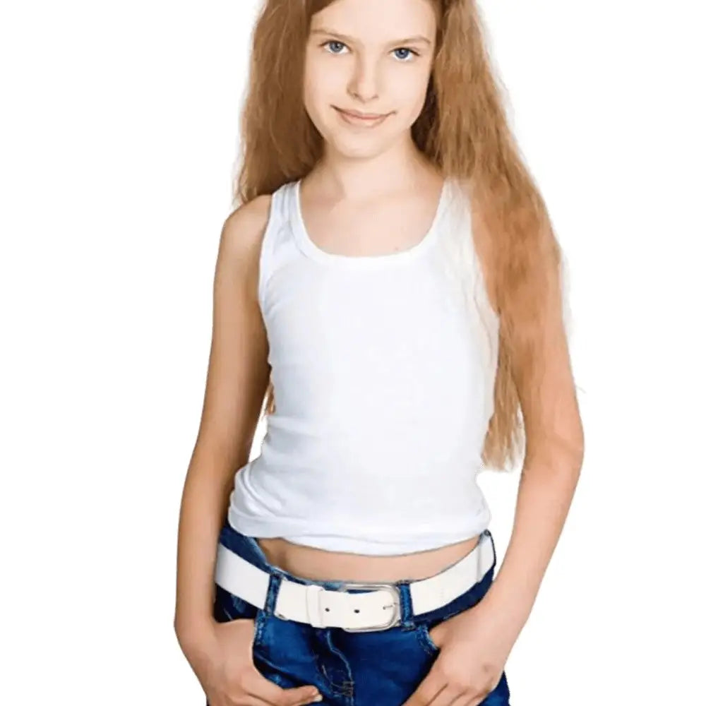 Girl wearing a white tank top and jeans showcasing colorful elastic belts with silver buckles