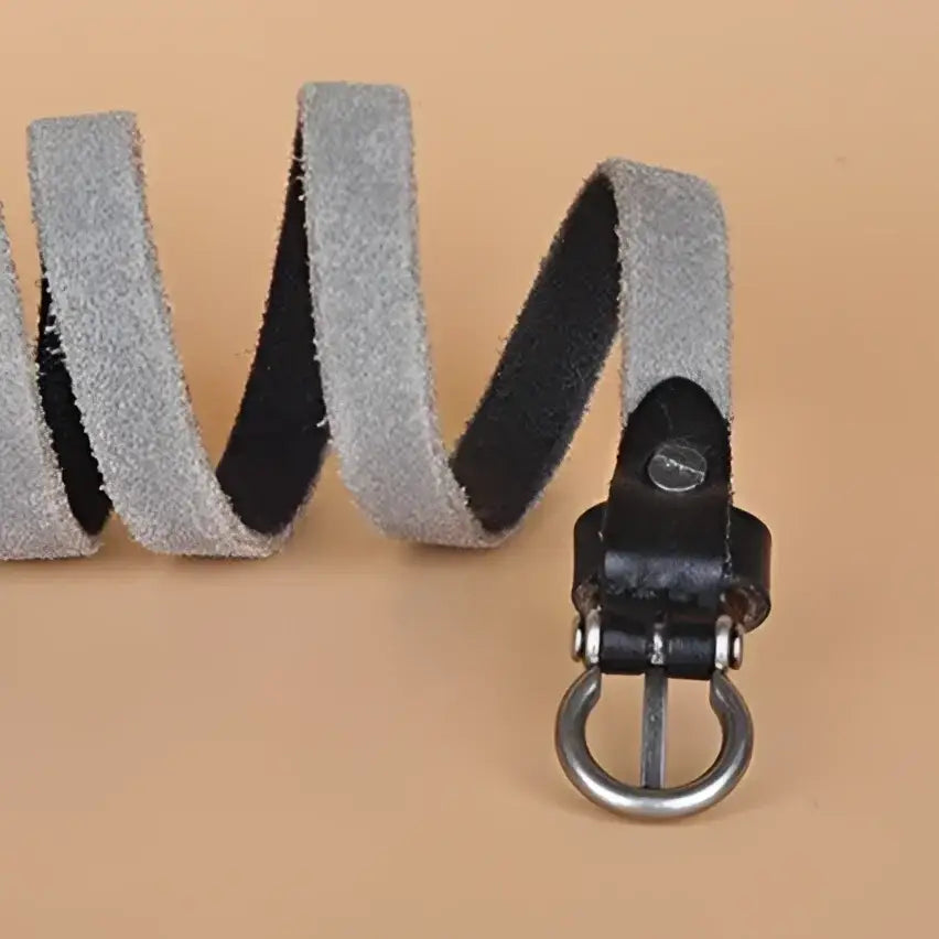 Gray suede belt with black leather and metal buckle from Colorful Leather Belts Set for Dresses and Outfits