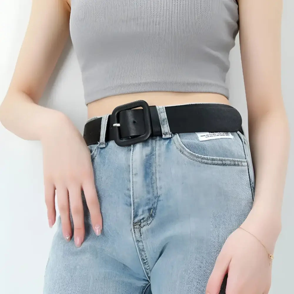 Black leather belt with a square decorative buckle from Colorful Leather Belts collection