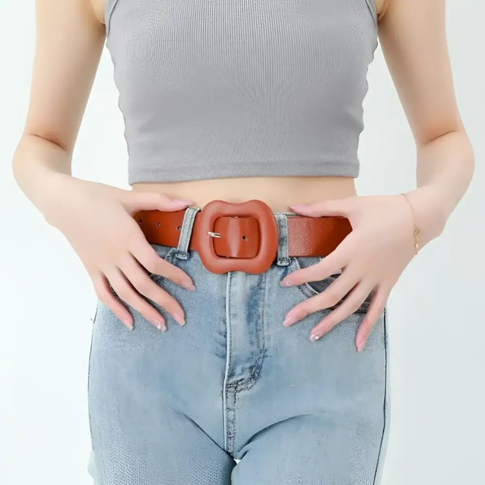 Brown leather belt with a distinctive decorative buckle from Colorful Leather Belts collection