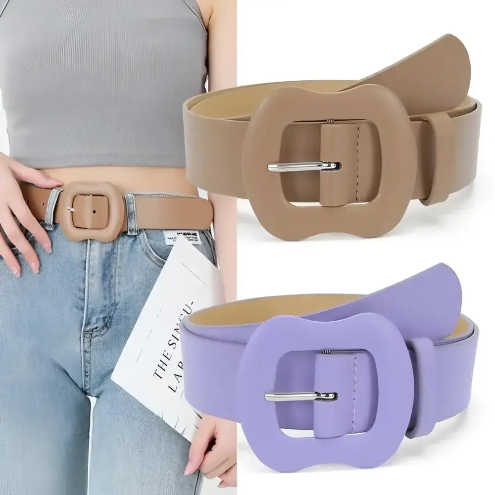 Two colorful leather belts with decorative square buckles for stylish accessories