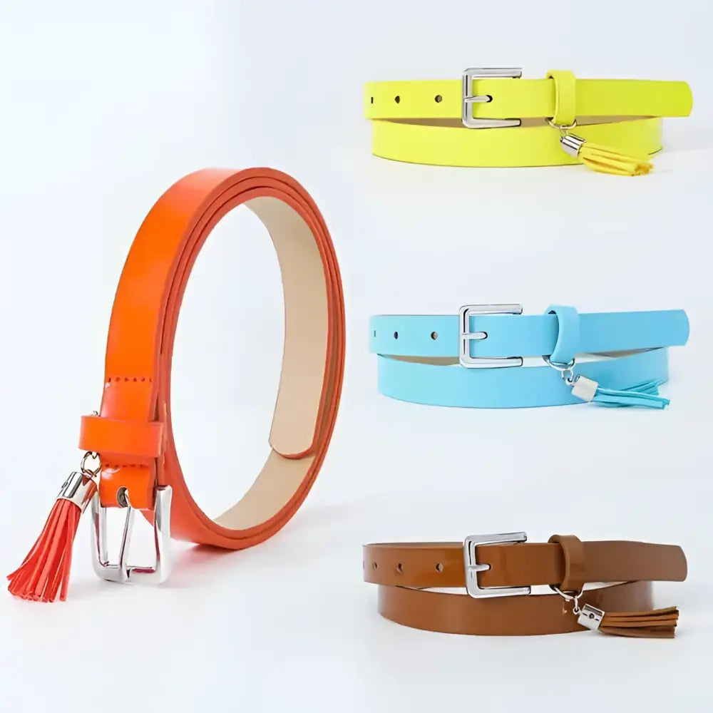 Colorful leather women’s belt with tassels and silver buckle for fashionable accessories