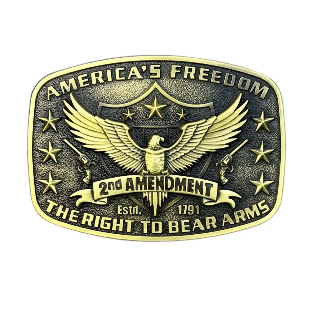 Silver ornate belt buckle with eagle and guns design for western and fashion wear
