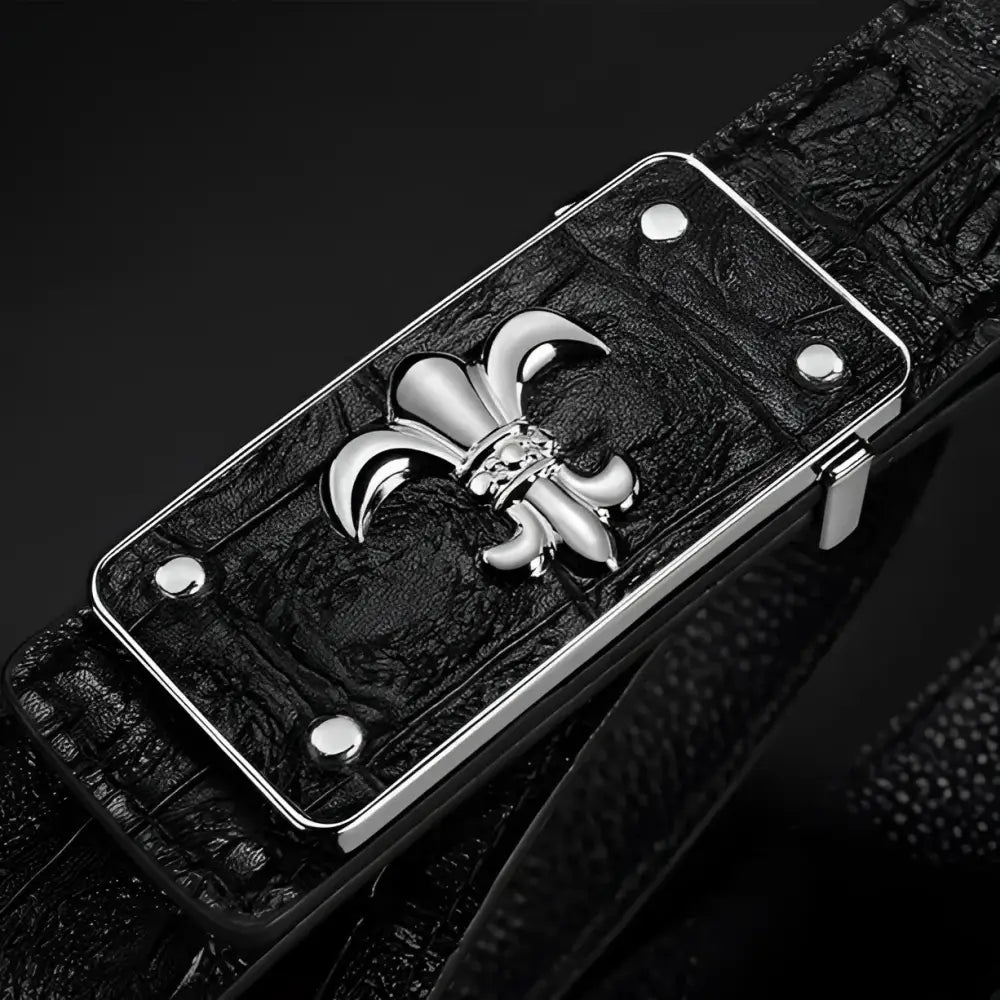Black leather suit belt with fleur-de-lis buckle from Cornelio Suit Belt collection