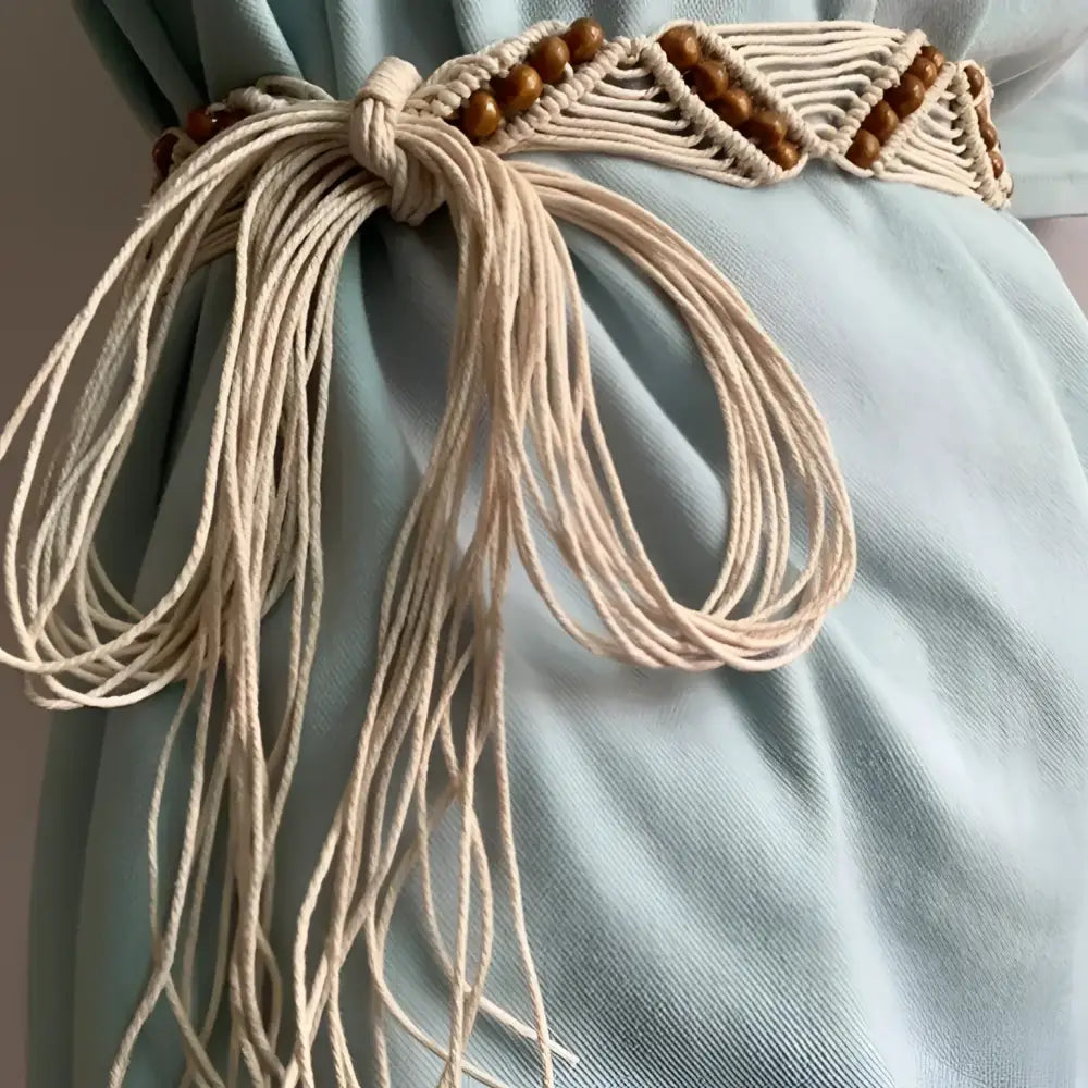 Cotton Rope Macrame Belt with Wooden Beads in Boho Style for Casual Wear