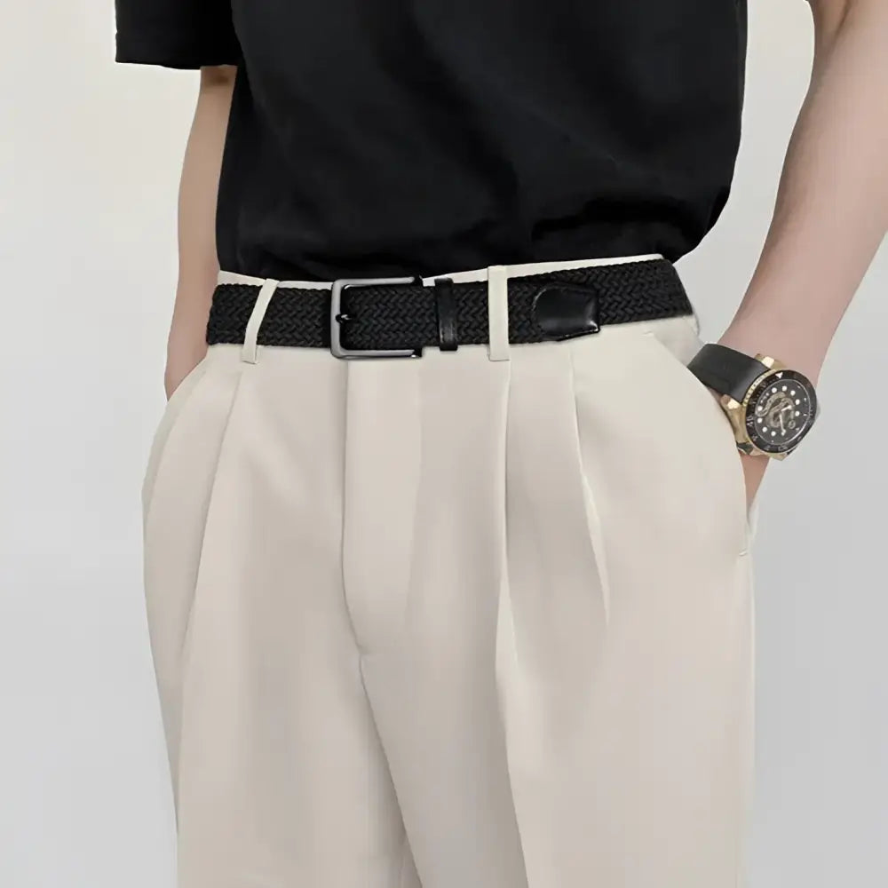 Black woven belt with silver buckle from Darius Men’s Elastic Braided Belt collection