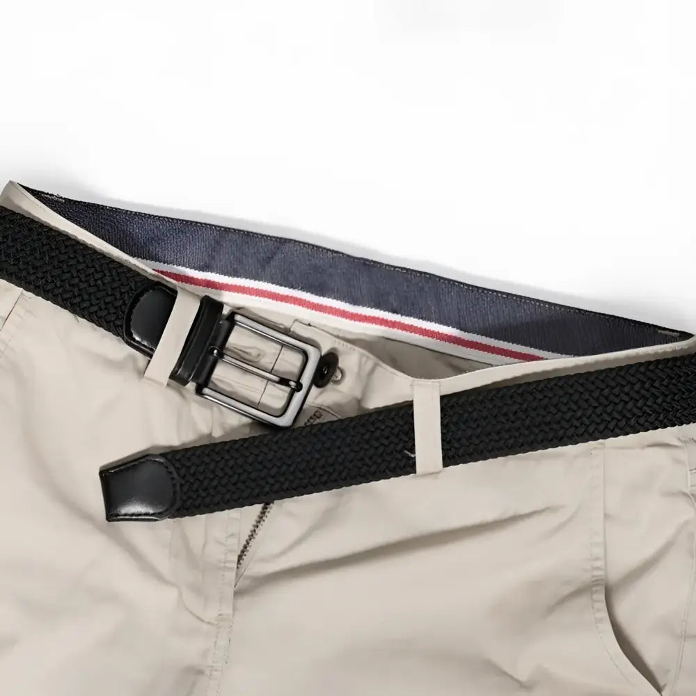 Khaki pants paired with Darius Men’s Elastic Braided Belt in black for versatile style