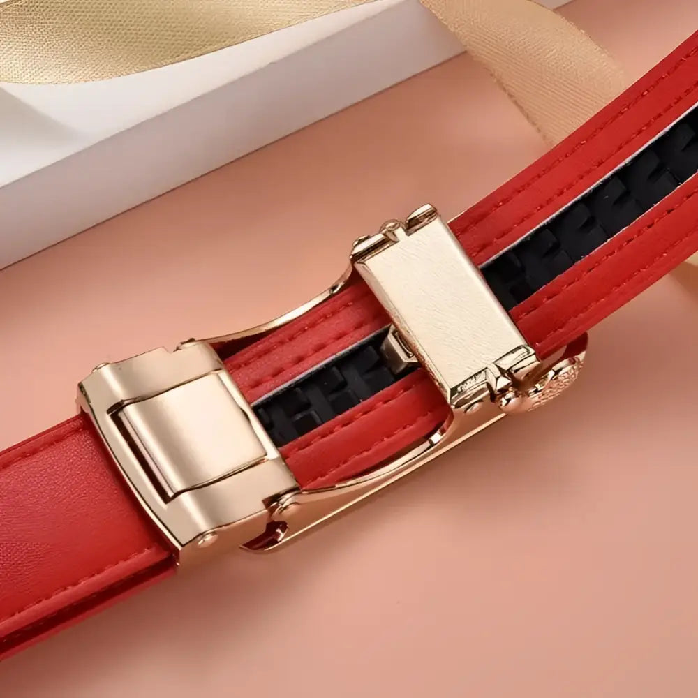 Decorative red leather belt with gold buckle for fashion and accessories