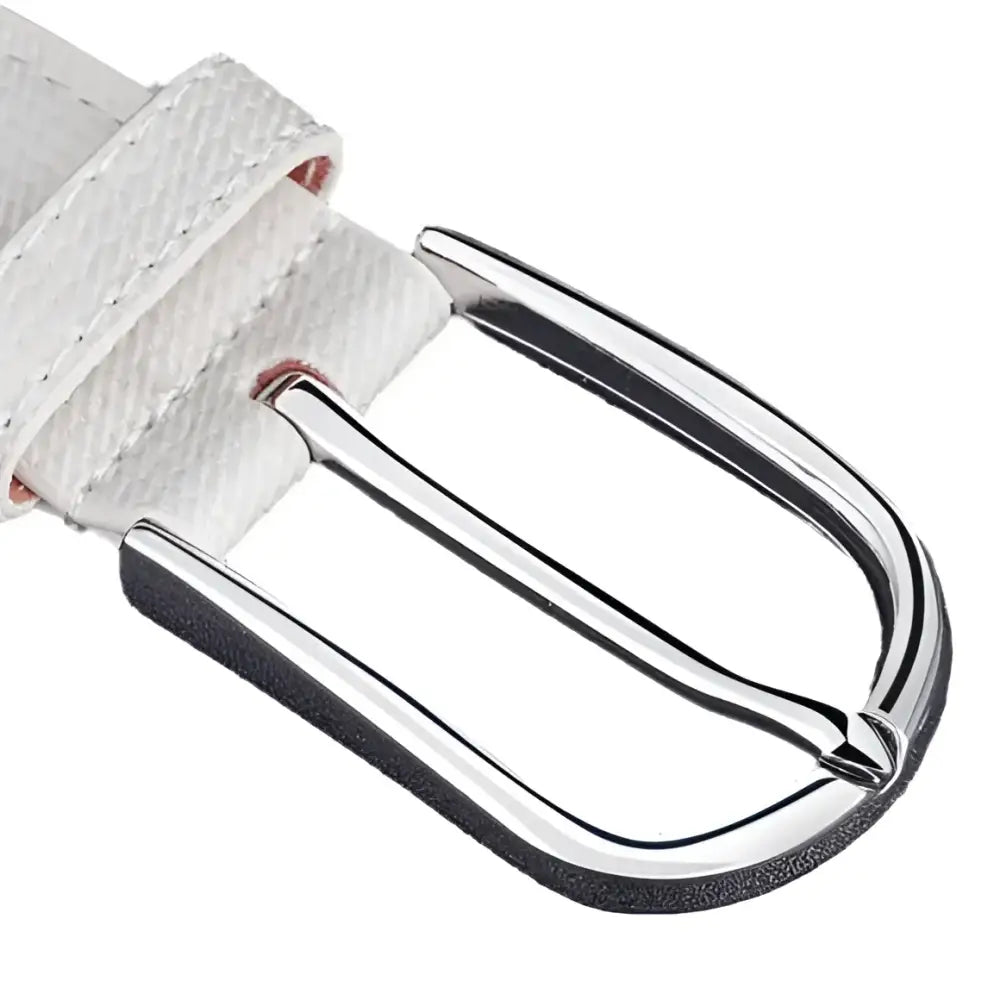 White belt with silver buckle, featuring a woven Fedora Belt for fashionable women
