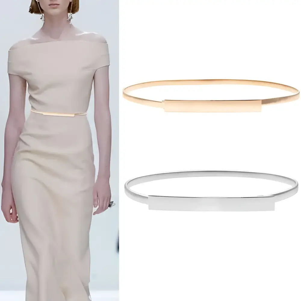 Elegant metal waist belt from Dhoxia Slim Belt collection with gold-toned buckle