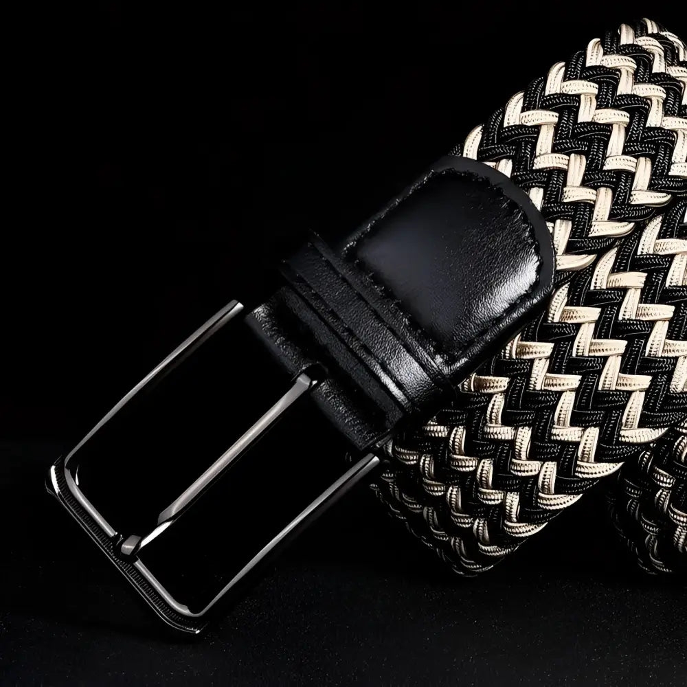 Efisio Elastic Braided Belt with Leather Buckle in Black and White for stylish wear
