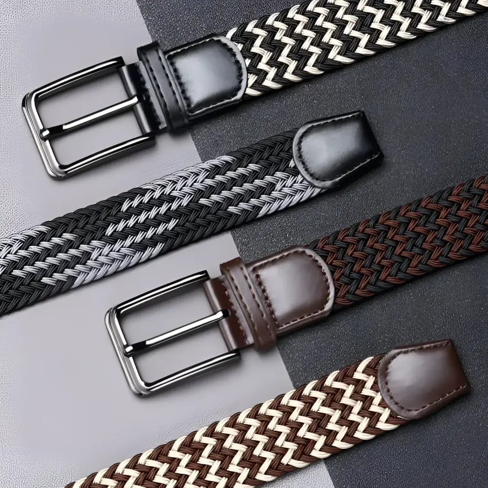 Four Efisio elastic braided belts with leather buckles in black and white