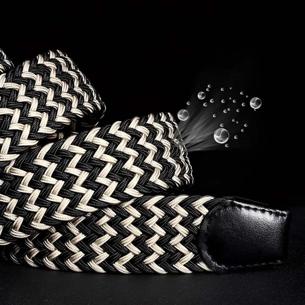 Efisio Elastic Braided Belt with Leather Buckle in Black and White for Men