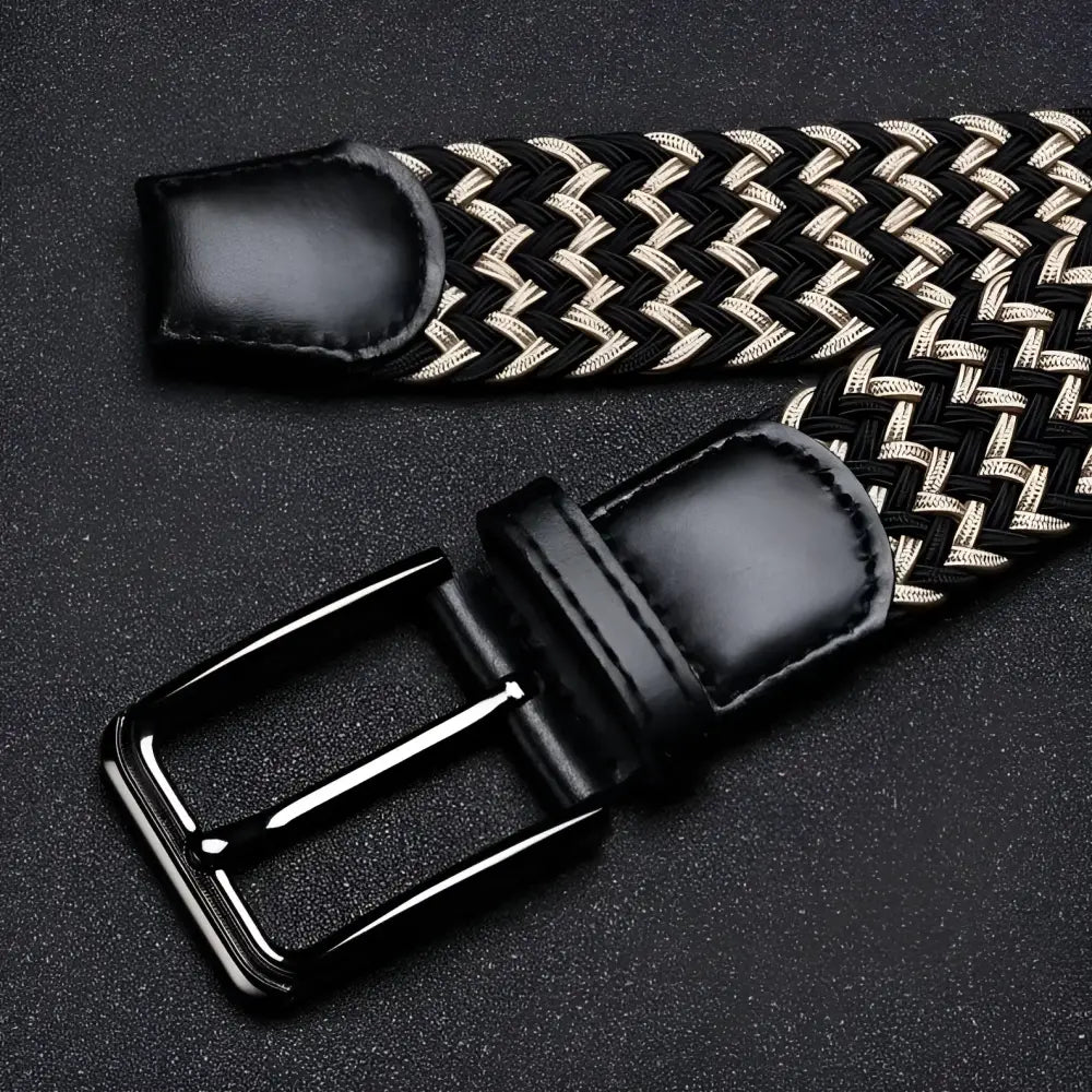 Efisio Elastic Braided Belt with Leather Buckle in black and white for stylish wear