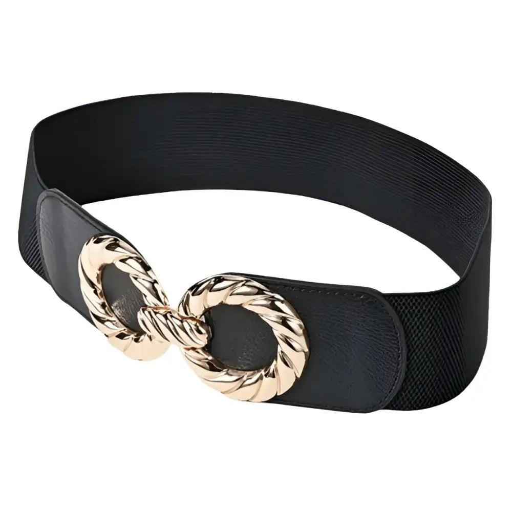 Black elastic belt with a gold double-ring buckle for women fashion accessory