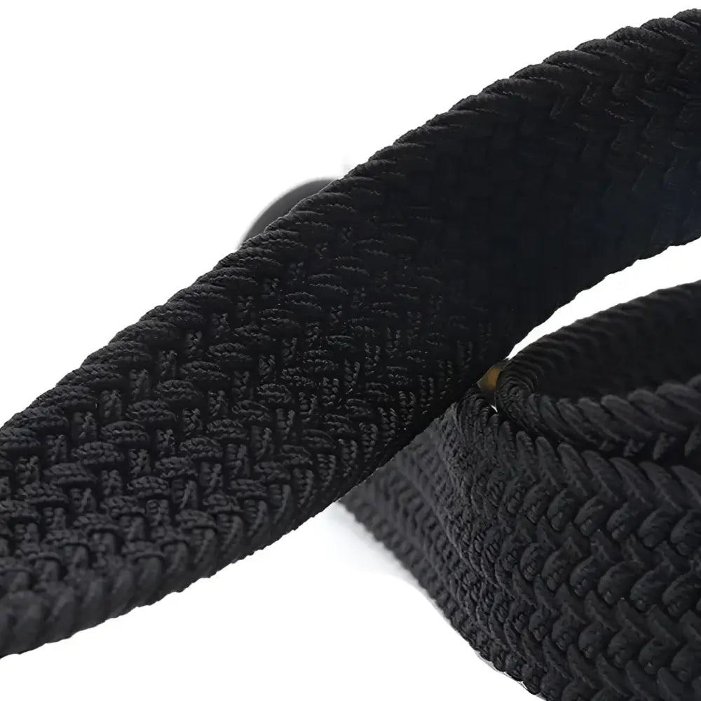 Black woven elastic fabric belt with braided design and leather accents for men