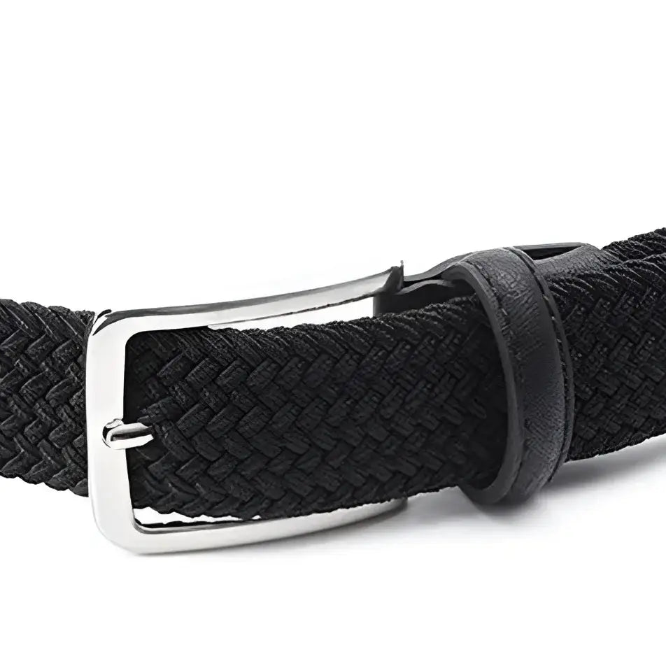 Elastic fabric belt for homme with braided design and silver buckle