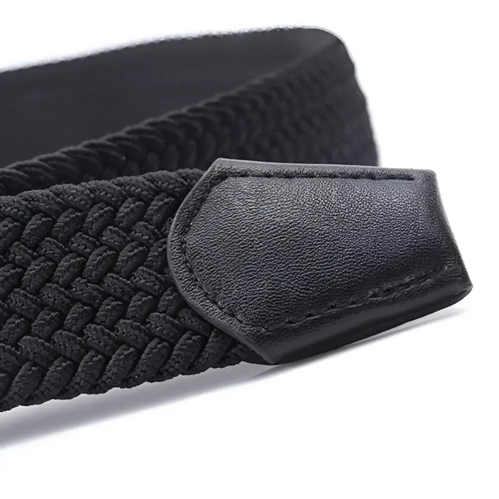 Elastic fabric belt for men with braided design, black leather accents, and silver buckle