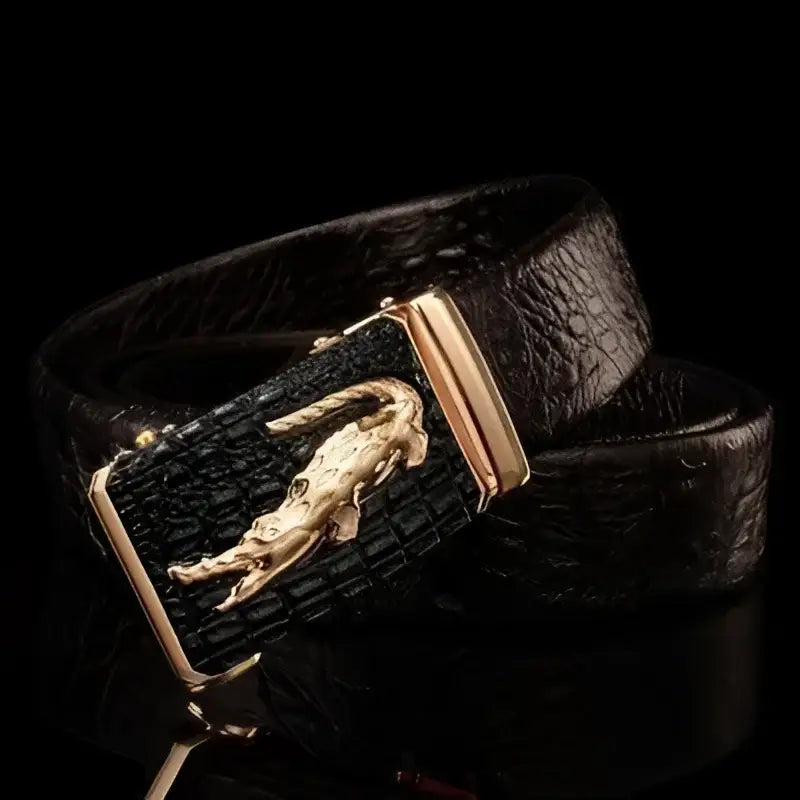 Black croco leather belt with gold crocodile buckle for suit wear