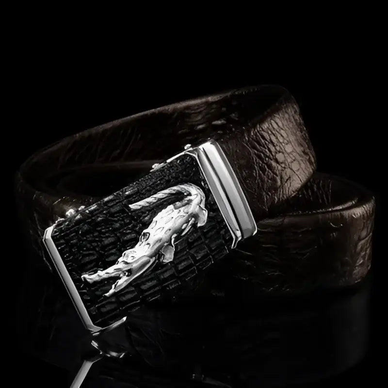 Elegant croco leather belt with silver and gold buckles, perfect for suit wear