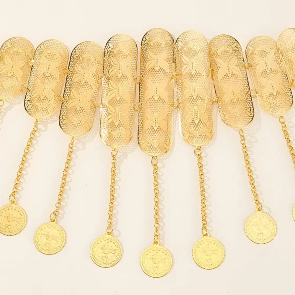 Gold-toned coin fringe belt from the Elegant Gold Moroccan Belt with Coin and Filigree Details